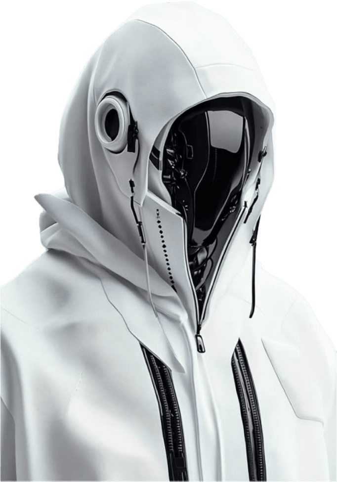 The SCUTA figure — a white hood with a mirrored black visor